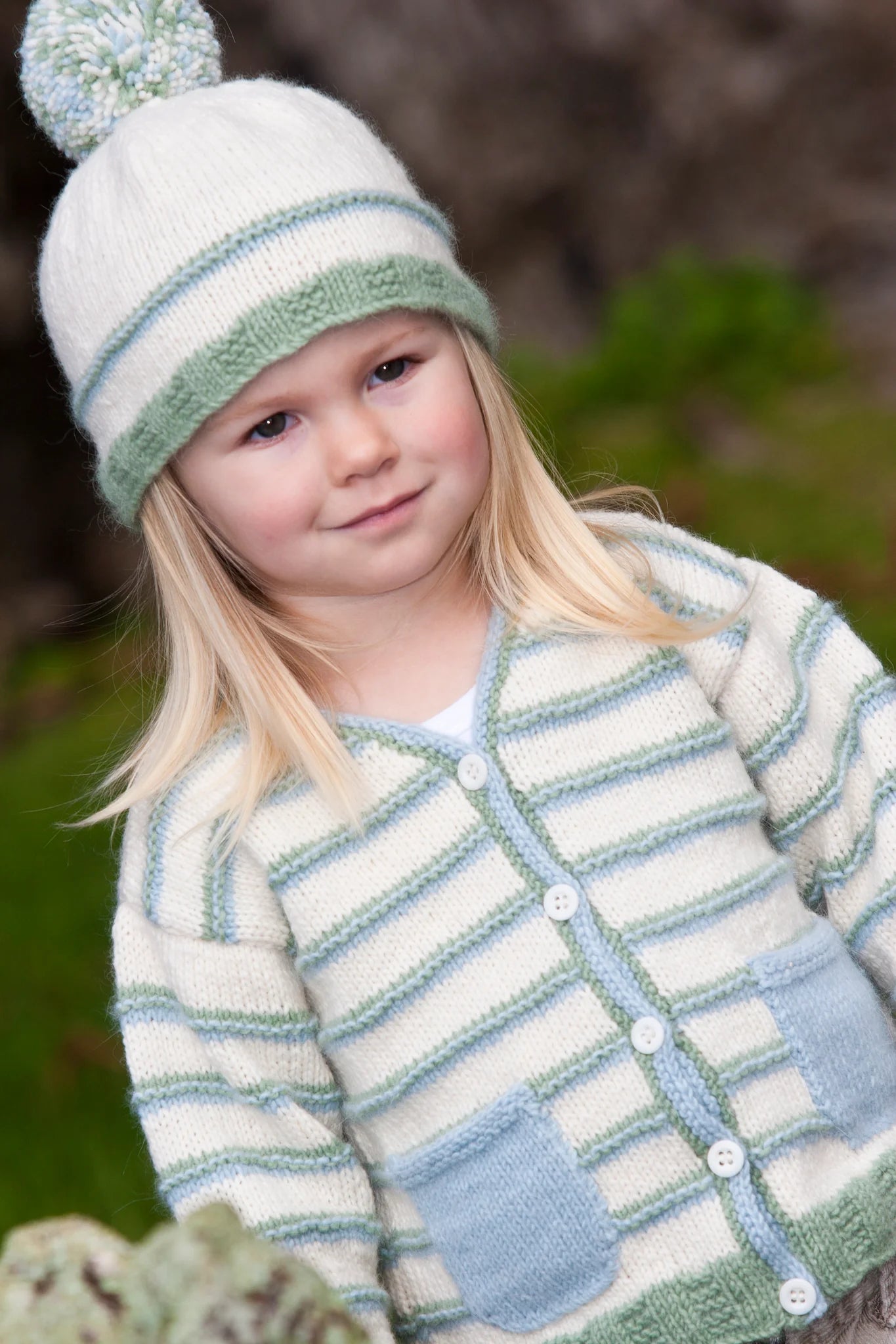 Peppermint Cream Cardi & Hat 8ply | Lisa F Design - LF02