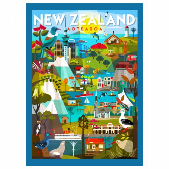 Illustrated poster of New Zealand with various scenes and landmarks.