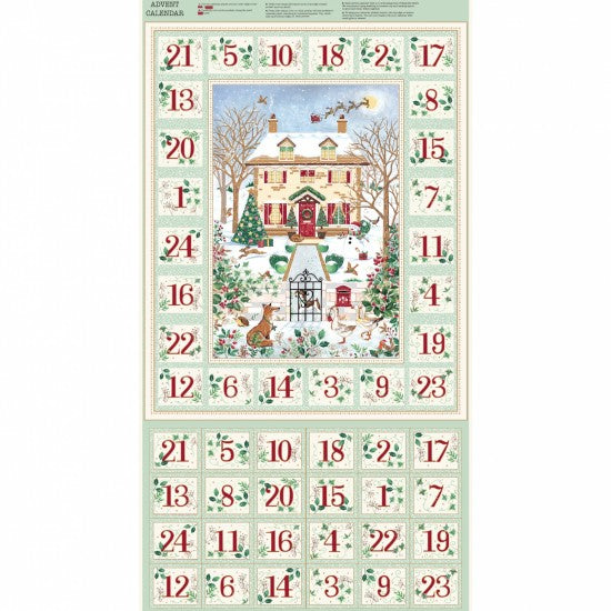 An Advent calendar sheet with a winter village illustration in the center and numbered daily boxes around it, printed on a pale green background with red numbers.
