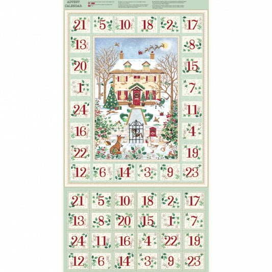 An Advent calendar sheet with a winter village illustration in the center and numbered daily boxes around it, printed on a pale green background with red numbers.