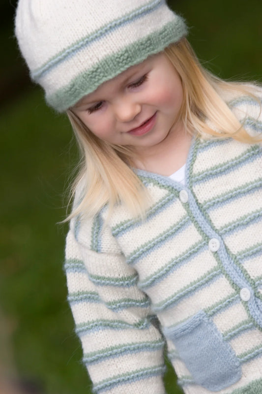 Peppermint Cream Cardi & Hat 8ply | Lisa F Design - LF02