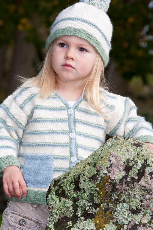 Peppermint Cream Cardi & Hat 8ply | Lisa F Design - LF02