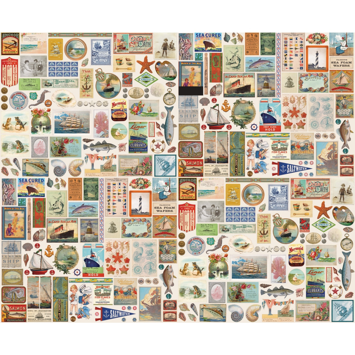 Collage of sea-side and ocean theme vintage-style product labels and advertisements on a white background