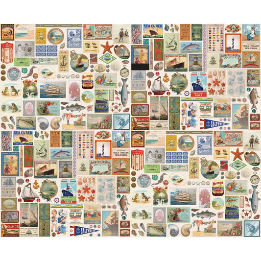 Collage of sea-side and ocean theme vintage-style product labels and advertisements on a white background
