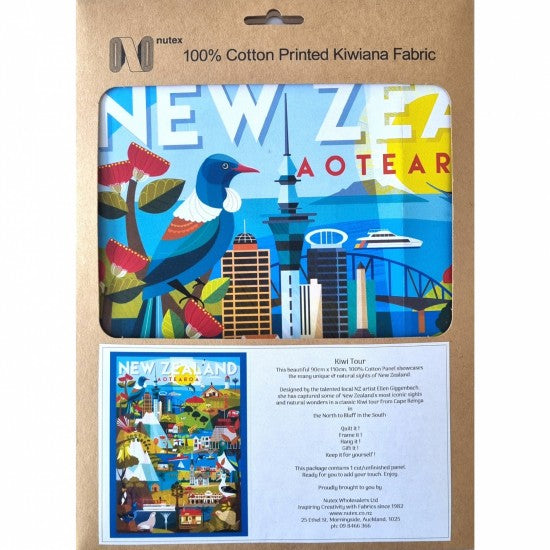 Packaged New Zealand-themed fabric with colorful design and text on a cardboard backing.